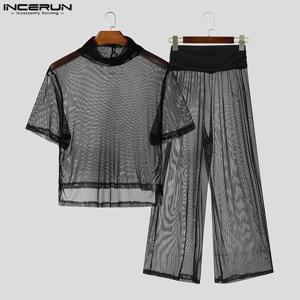 INCERUN 남성용 메쉬 시스루 섹시 터틀넥 반팔 티셔츠 & 팬츠 2PCS 스트릿웨어 여름 2025 패션 남성 정장