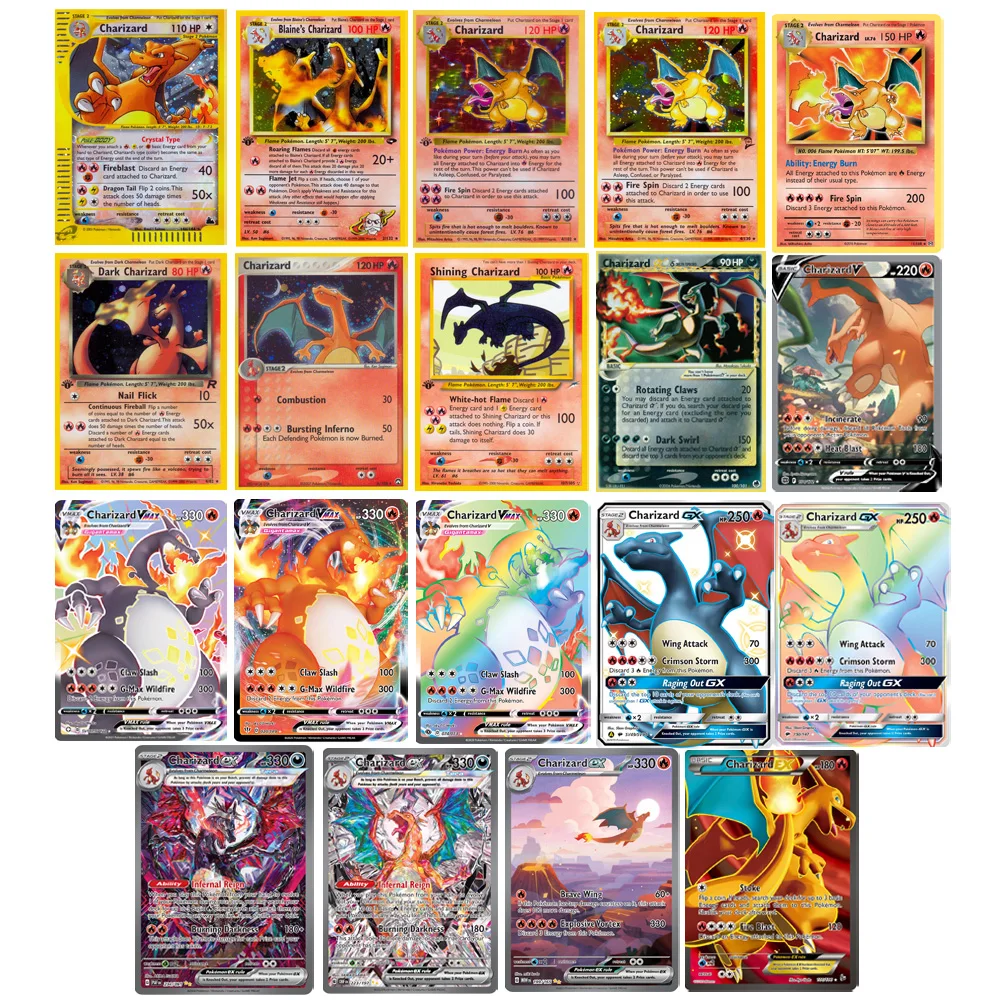 Charizard PKM 카드 빛나는 Charizard 홀로그램 Charizard Ex GX VMX 취미 희귀 컬렉션 배틀 카드 장난감 선물