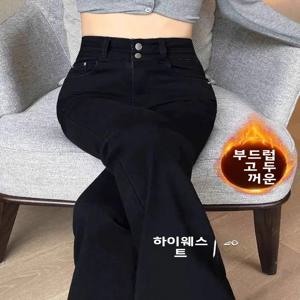플리스 안감 두꺼운 하이웨이스트 벨보텀 청바지 여성 슬리밍 톨 블랙 퍼리 부츠컷 팬츠 겨울 하이웨이스트 벨 진