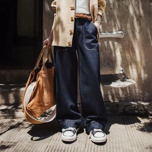 Maden 여성용 루즈 스트레이트 레그 데님 청바지 캐주얼 팬츠 파리 버클 와이드 레그 가을 빈티지 바지
