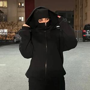 발라클라바 남성용 지퍼 후드 겨울 따뜻한 캐주얼 스웨트셔츠 Y2K 후드형 페이스 마스크 지퍼 디자인 스포츠 재킷 야외 활동용