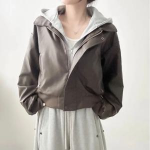 여성 캐주얼 시크 루즈핏 패치워크 후드 재킷 가을 겨울 가죽 코트 탑 긴팔 숏 기장 기타 소재 100%