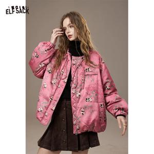 ELFSACK 여성용 핑크 팬더 퍼퍼 재킷, 조임끈, 따뜻한 퀼팅 겨울 코트, 귀여운 꽃무늬, 캐주얼 스트리트 스타일