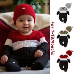 3 색 가을 바디 슈트 신생아 소년 긴 소매 컬러 블록 Romper + 모자 유아를위한 간단한 Onesie 점프 슈트 1-18 개월