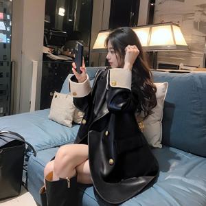 캐주얼 블랙 PU 가죽 자켓 봄 가을 루즈핏 수트 스타일 여성 패션 아우터 긴팔 중간 길이 코트