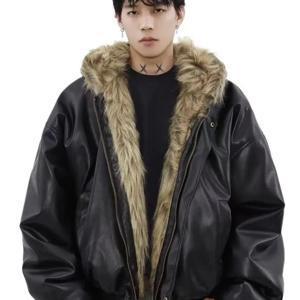 겨울 신상 미국 남성용 솔리드 퍼 안감 따뜻한 아우터 캐주얼 루즈 데일리 두꺼운 인조 가죽 코트 남성 의류