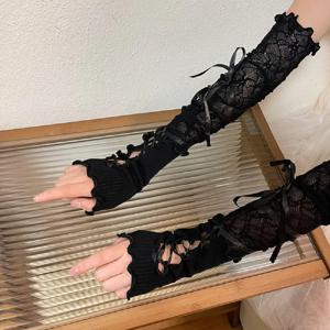 여성 로리타 JK 레이스 손가락 없는 장갑 블랙 고딕 DIY 스트랩 자외선 차단 슬리브 의류 액세서리 탄성 메쉬 펑크 장갑