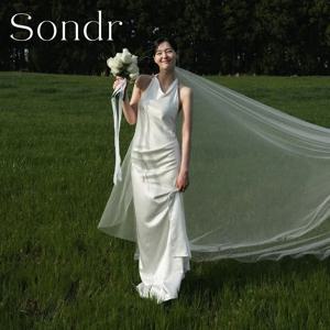Sondr 맞춤형 우아한 홀터넥 한국 웨딩 드레스 사진 촬영용 새틴 롱 심플 민소매 신부 파티 드레스 이브닝 가운