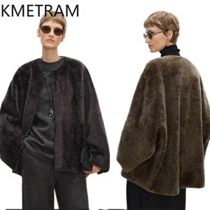 KMETRAM 100% 천연 양가죽과 양털이 부착된 재킷 여성 올드 머니 스타일 루즈 리얼 퍼 코트 겨울옷 2026 푸르르