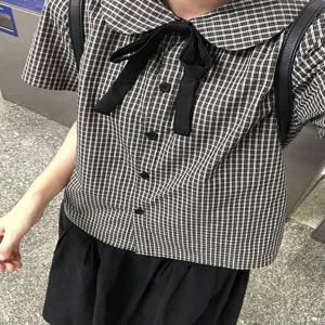 Deeptown 빈티지 블랙 체크 무늬 셔츠 여성 프레피 반소매 피터팬 칼라 블라우스 스위트 일본식 루즈 베이비돌 탑 캐주얼
