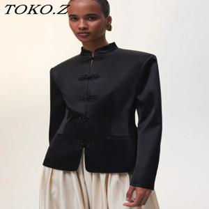 TOKO 여성용 봄 여름 만다린 칼라 개구리 버튼 크롭 중국 스타일 블레이저 캐주얼 2026 트렌디 여성 패션 코트
