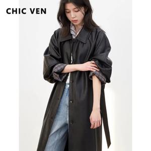 CHIC VEN 패션 여성 롱 PU 코트 새로운 루즈핏 캐주얼 벨트 인조 가죽 여성 오버코트 윈드브레이커 봄 가을 2026 아우터