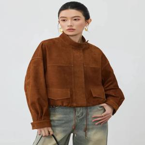 여성용 빈티지 짧은 천연 가죽 재킷 2026년 봄 가을 신상 고급 심플 스탠드 칼라 리얼 소가죽 스웨이드 코트