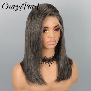 CrazyPearl 밥 가발 인모 솔트 앤 페퍼 그레이 가발 13X4 스트레이트 레이스 프론탈 가발 인모 천연 헤어라인 그레이 가발