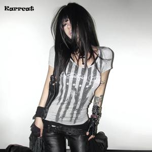 Karrcat Trashy Y2k 스트라이프 레터 프린트 티셔츠 그런지 미학 반팔 티셔츠 빈티지 펑크 스트리트웨어 아메리칸 레트로