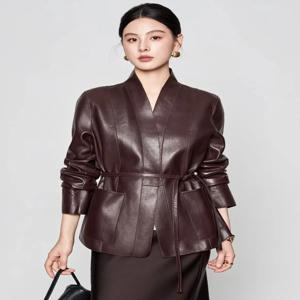 V 넥 슬림 정품 가죽 블레이저 자켓 여성 봄 가을 하이 엔드 심플 솔리드 소프트 오일 왁스 리얼 양가죽 코트 벨트 포함