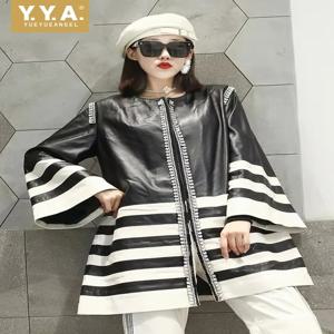 플레어 슬리브 정품 가죽 자켓 오피스룩 여성 우아한 루즈핏 롱 코트 럭셔리 다이아몬드 스트라이프 자켓 여성 양가죽 코트