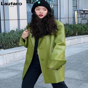 Lautaro 아보카도 그린 오버사이즈 PU 가죽 블레이저, 긴팔 라펠 싱글 브레스티드, 루즈한 한국 패션, 2021 Y2K 재킷, 가을