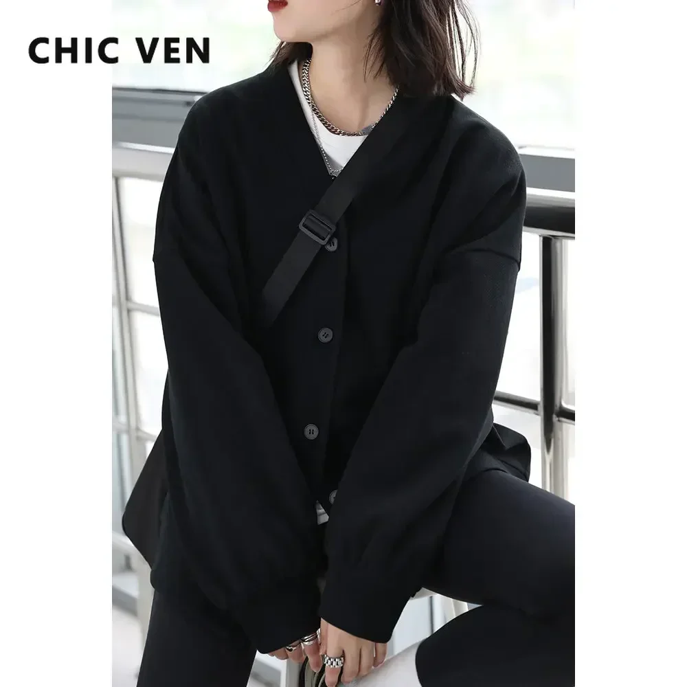 CHIC VEN 한국 여성용 스웨트셔츠 솔리드 플러시 두꺼운 따뜻한 루즈핏 캐주얼 여성 상의 오피스 레이디 코트 재킷 가을 겨울 2026