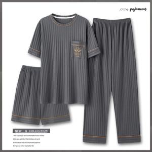 남성 패션 여름 3 피스 잠옷 세트 짧은 소매 라운드 칼라 코튼 홈웨어 플러스 사이즈 5XL 반바지 Loungewear Pijamas