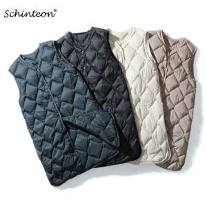 Schinteon 여성 초경량 화이트 오리 다운 롱 조끼 민소매 자켓 v 넥 칼라 아가일 가을 겨울 패션 탑 2026 신규