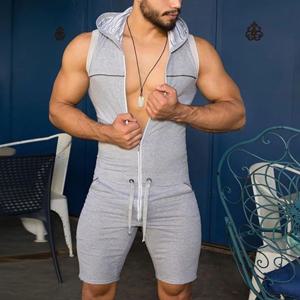 남성 짧은 점프 슈트 꽉 민소매 바디 슈트 지퍼 후드 Rompers 짧은 바지 캐주얼 홈웨어 Tracksuit 잠옷
