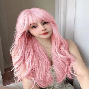 30인치 길이의 예쁜 핑크색 인조 가발, 앞머리가 있는 스타일, 자연스러운 웨이브 헤어, 여성용, 일상용 또는 코스프레, 드래그 퀸용, 내열성.