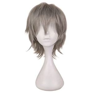 QQXCAIW 남자 짧은 회색 은색 회색 Cos 코스프레 가발 파티 30 Cm 100% 고온 섬유 합성 머리 가발