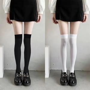 스타킹 여름 얇은 허벅지 높은 검정 흰색 양말 로리타 귀여운 솔리드 컬러 무릎 위 흰색 스타킹 양말