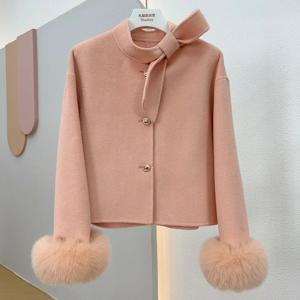 여성용 모직 모피 재킷, 진짜 천연 여우 모피 커프 코트, 여성용 외투, 캐시미어 럭셔리 코트, 2024 겨울 신상