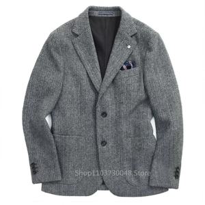 그레이 울 트위드 겨울 정장 블레이저 싱글 브레스트 정장 재킷 결혼식/비즈니스를위한 공식 패션 노치 옷깃 헤링본 코트