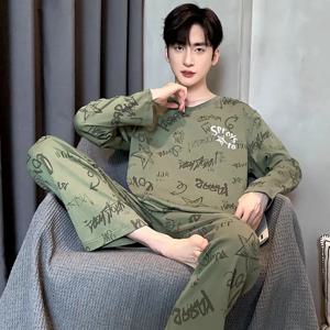 잠옷 남성 봄, 가을 격자 무늬 단색 다양한 대형 청소년 홈웨어 정장 긴팔 잠옷 실내복