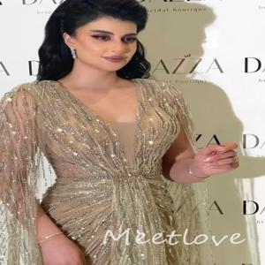 Meetlove 맞춤형 A라인 V넥 긴팔, 풀 스팽글, 구슬 장식, 럭셔리 이브닝 무도회 원피스, 2024