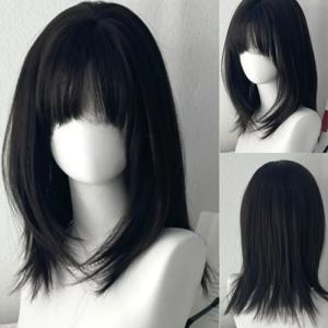 여성용 Y2K 가발 블랙 미디엄 롱 스트레이트 헤어 자연 시뮬레이션 매일 사용 가발(뱅 포함) 짧은 머리 밥 합성 가발