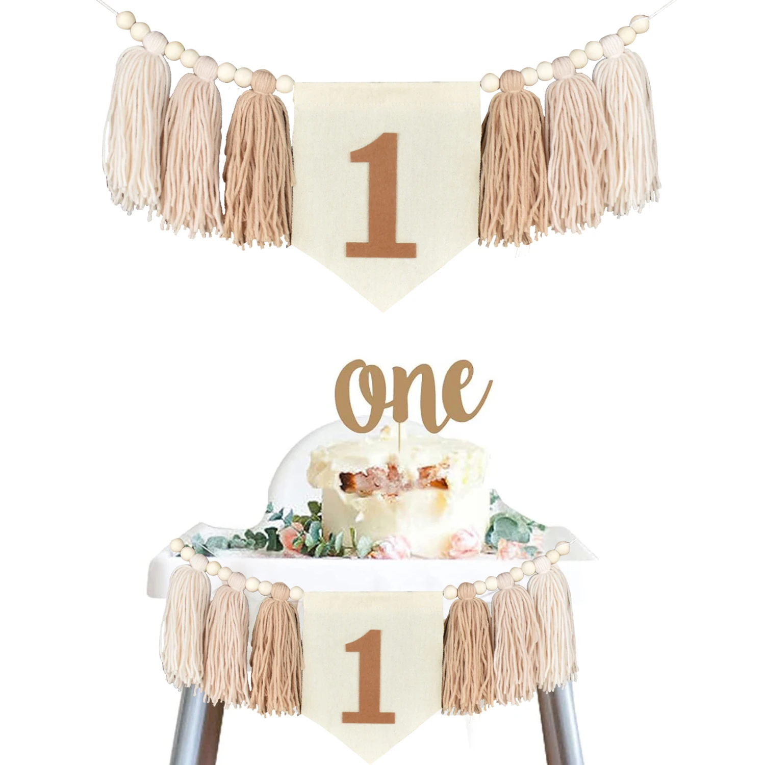 1pc 1 생일 높은 의자 배너 Boho 수제 나무 구슬 술 갈 랜드 장식 첫 번째 생일 파티 사진 소품