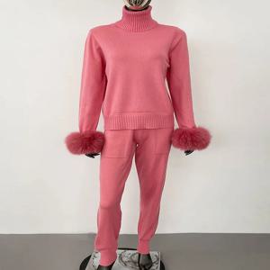 FURYOURSELF 새 봄 여성 천연 여우 모피 슬리브 울 접합 스웨터 정장 니트 바지 무료 배송 패션 정장