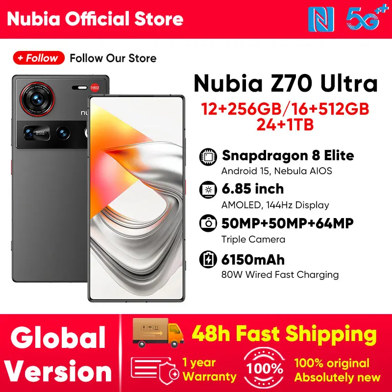 누비아 Z70 울트라 5G 스마트폰 스냅드래곤 8 엘리트 프로세서 6.85인치 144Hz AMOLED 디스플레이 NFC 글로벌 버전 16GB 512GB