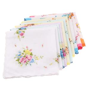 10x 여성 코튼 프린트 손수건 Hanky ​​Kerchiefs 물결 모양의 가장자리가있는 포켓 스퀘어 꽃 디자인 여성 손수건