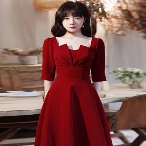 레드 웨딩드레스 2026년 봄 신상 스퀘어 넥 미디 슬리브 이브닝 드레스 (키 작은 여성용) 데일리룩 폴리에스터 소재