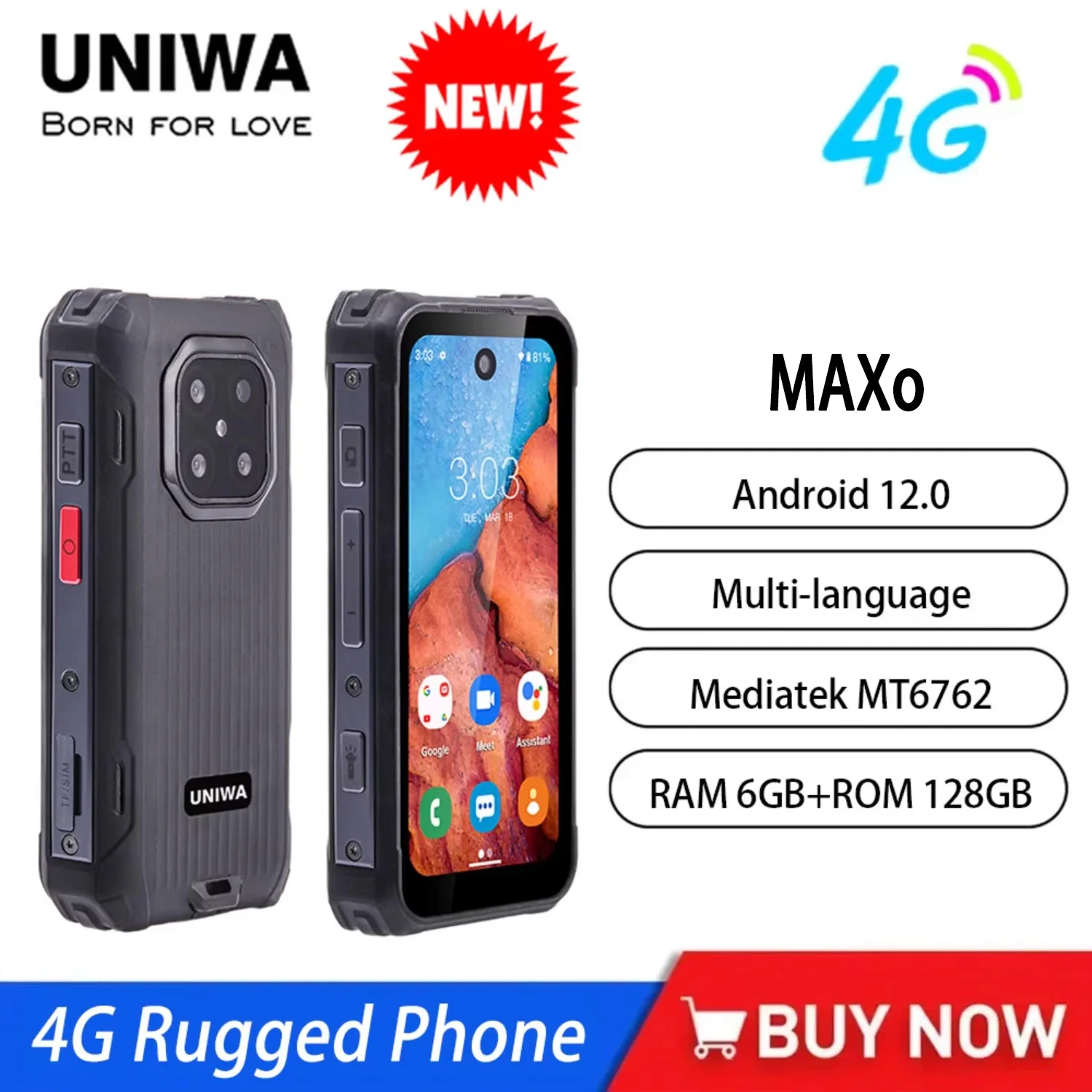 2026 신형 UNIWA MAXo 4G 미니 러기드 스마트폰 3.88인치 소형 IPS 화면 6GB+128GB IP68 안드로이드12 3000mAh 얼굴인식 잠금해제 폰