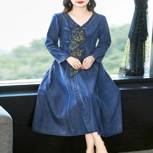 TIYIHAILEY 풀 슬리브 드레스 빈티지 여성 긴 Mid-Calf 가을 데님 중국 스타일 자수 v 넥 숙녀 의류 M-4XL