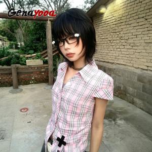 Genayooa 아메리칸 레트로 체크 무늬 셔츠 여성 반팔 캐주얼 셔츠와 블라우스 Y2k 빈티지 프릴 블라우스 2000 년대 일본 셔츠