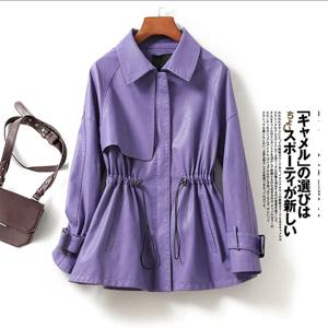 여성용 양가죽 트렌치 코트 레이스 업 벨트 스플릿 가죽 아웃웨어 2024 스탠드 칼라 숙녀 양가죽 가죽 자켓 여성
