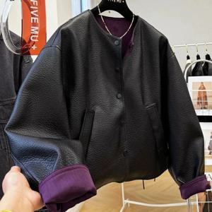 럭셔리 하이 엔드 패치 워크 가죽 자켓 여성 봄 가을 PU 가죽 코트 빈티지 오-넥 버튼 겉옷 긴팔 탑