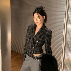 빈티지 격자 무늬 크롭 블레이저 여성 영국 우아한 오피스룩 슬림핏 정장 재킷 가을 긴팔 버튼 비대칭 코트