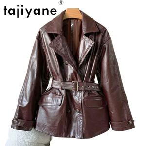 TAJIYANE 100% 오일왁스 양가죽 재킷 여성 빈티지 슬림 진짜 가죽 재킷 여성 가을 의류 2025 재킷