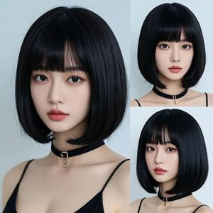 블랙 보브 헤어스타일 짧은 직모 합성 가발 파티용 할로윈 코스프레 가발 일상용 고온 헤어 액세서리