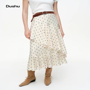 DUSHU 【폴카 도트 왈츠】여성용 불규칙 러플 밑단 미디 스커트 2026 봄 신상 스커트 컬렉션 원형 도트 미니 스커트