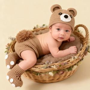 3pcs 곰 신생아 사진 소품 니트 아기 복장 세트 스튜디오 유아 사진 촬영 의상 소품을위한 귀여운 모자 반바지 신발