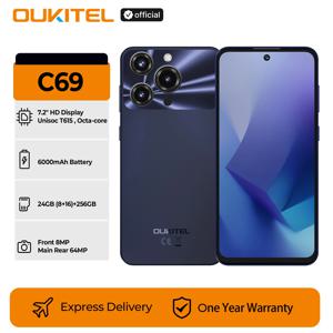 OUKITEL C69 스마트폰 6000mAh, 7.2인치 HD+ 대화면 24GB(8+16)+256GB, 64MP 메인 카메라 NFC 휴대폰 안드로이드 15, 120Hz, 듀얼 4G